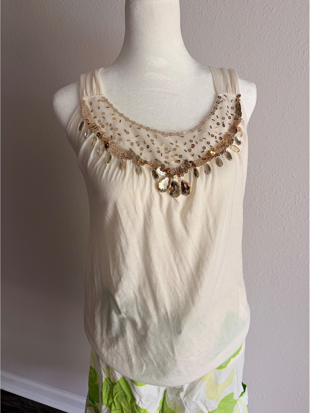 Express Cream Sequin Embellished Sleeveless Tank Top XS